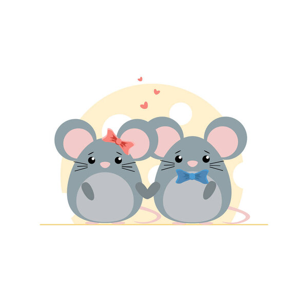 Симпатичная пара мышей на сырном фоне. Мультфильм-векторная иллюстрация
