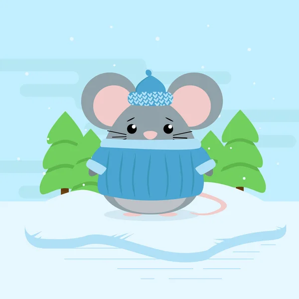 눈 더미와 숲에 마우스의 귀여운 만화 그림. 눈과 추운 날씨입니다. 평면 벡터 디자인 — 스톡 벡터