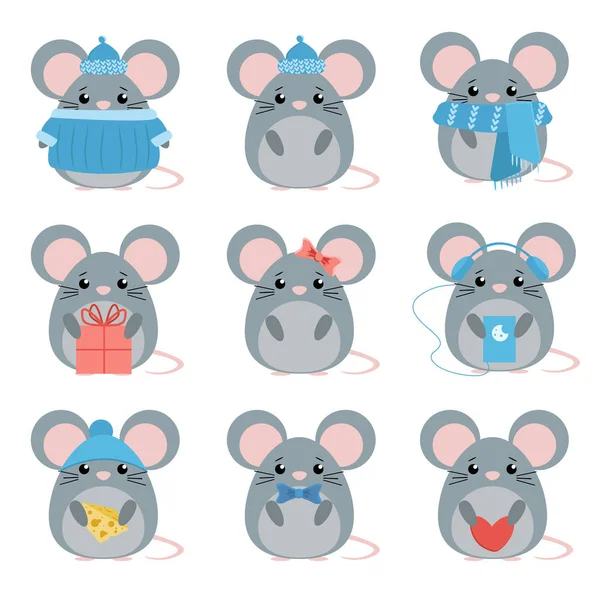 Векторний набір миші в теплому одязі з різними предметами: сиром, капелюхом, шарфом, подарунком, серцем, бантом. мультяшна мила ілюстрація — стоковий вектор