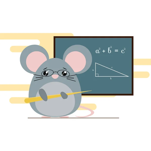 Illustrazione vettoriale del topo insegnante in piedi con tavola e insegnamento del teorema di geometria. Carino design piatto — Vettoriale Stock