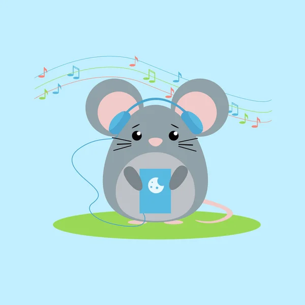 Illustrazione vettoriale del mouse ascolta la musica. Carino design piatto — Vettoriale Stock