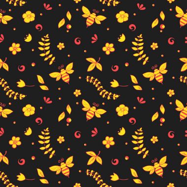 Arı, bal, çiçek, kovan ve diğer nesne ile sorunsuz çiçek desenli. Khokhloma nedenleri