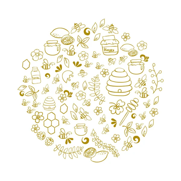 Linie umění vektorové ručně tažené sadu medu kreslený doodle objekty, symboly a předměty. Kr. složení — Stockový vektor