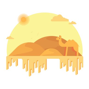 Bir deve tepeleri arka planda duruyor. Sıcak kumlu çölde. Düz vektör çizim