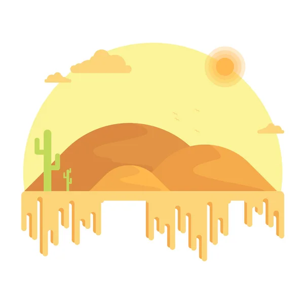 Les cactus poussent parmi les dunes. Un désert chaud sous le soleil. Illustration design plat — Image vectorielle