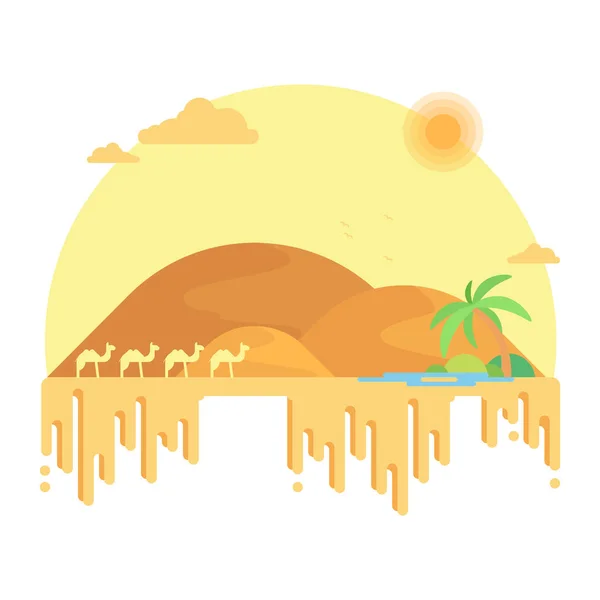 Une caravane de chameaux se rend dans une oasis au milieu des dunes. Illustration design plat — Image vectorielle