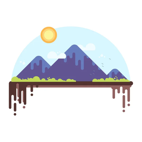 Gama de montanhas com verdes, sol, nuvens e pássaros. Ilustração simples do vetor do projeto plano — Vetor de Stock