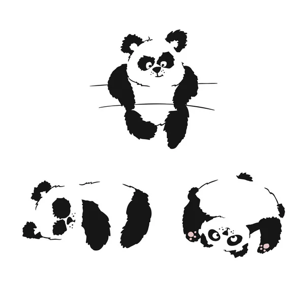 Reihe von Silhouetten sitzender Panda-Jungen. Panda schlüpft und spielt. Handzeichnung. — Stockvektor