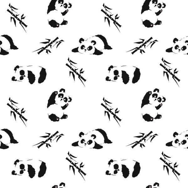 Nahtloses Muster mit spielenden Pandas und Bambus. Hand zeichnen Vektor Illustration — Stockvektor
