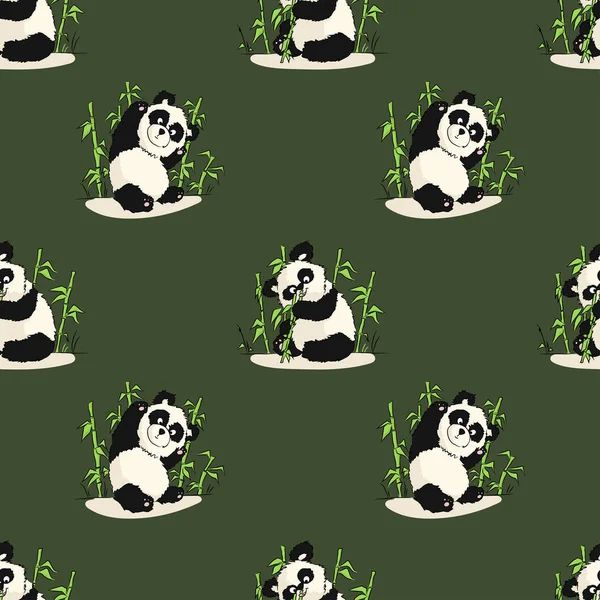 Nahtloses Muster mit spielenden Pandas und Bambus. Hand zeichnen Vektor Illustration — Stockvektor