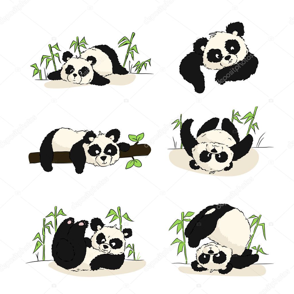 Une série d’illustrations avec un petit panda. Panda, dormir, manger