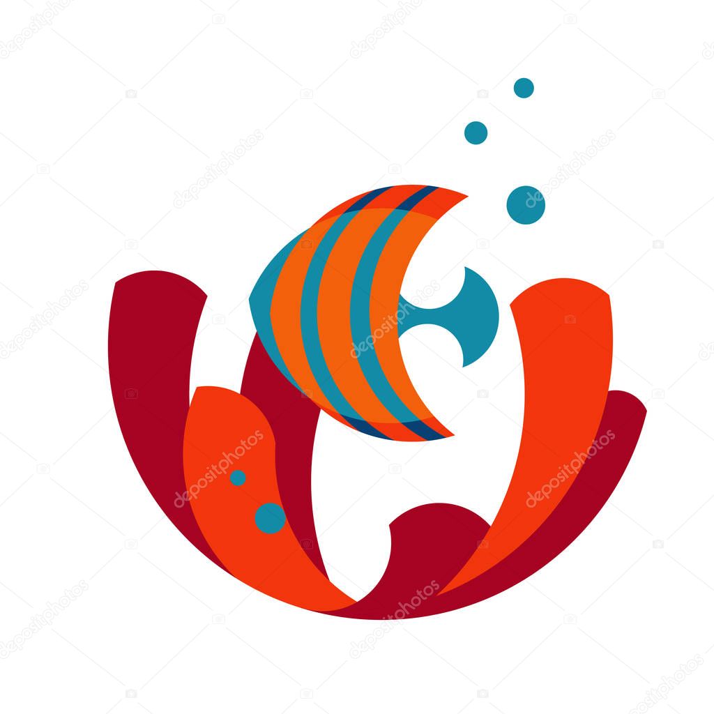 Vector logo with an image of a fish on a coral background