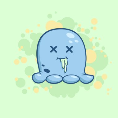 Vektör çizim karikatür hasta canavar yeşil lekeler arka plan üzerinde mide bulantısı ile. Özgün web oyunları veya tıbbi kullanım amacı malları oluşturmak için nesne görüntü