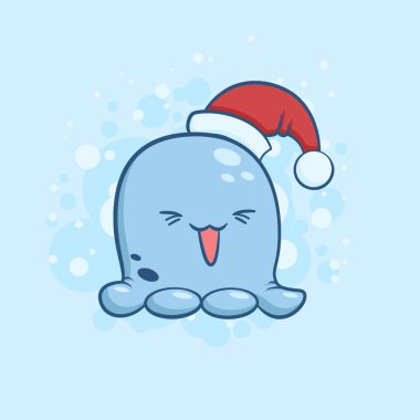 Vektör renk sevimli canavar karlı zemin üzerine santa claus şapka içinde Illustration. Özgün web oyunlar, grafik tasarım veya Noel kartı oluşturmak için nesne görüntü