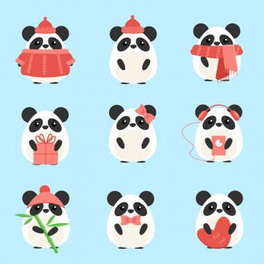 Vektör farklı konuları ile sıcak giysiler içinde pandalar ayarla: bambu, şapka, eşarp, Hediyelik, kalp, yay. Çizgi film şirin illüstrasyon