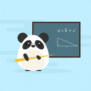 Antropomorfik panda - kurulu ile ayakta ve geometri teoremi öğretim öğretmen. Sevimli vektör çizim