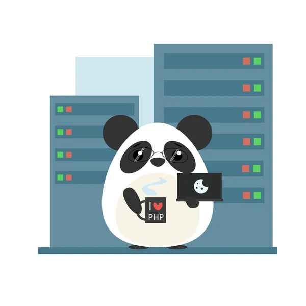 Antropomorfe panda - programmeur permanent met computer en koffie in de serverruimte. Schattig vectorillustratie — Stockvector