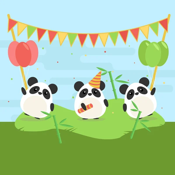 Üç sevimli pandalar balonlar ve falgs yeşil çimenlerin üzerinde çizgi film gösterimi. Çocuklar için düz tasarım — Stok Vektör