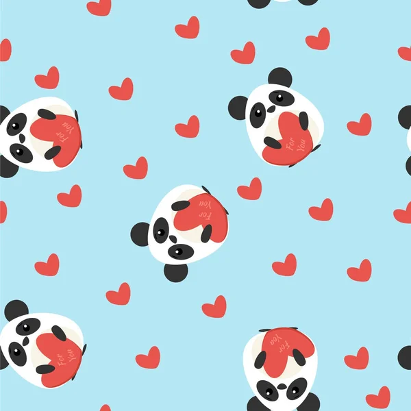 Lustige nahtlose Muster mit niedlichen Pandas und Herzformen. Flachbild-Illustration — Stockvektor