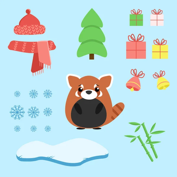 Векторный набор из красной панды с хмельным посохом: лелипоп, подарки, дерево, айсберг, шляпа и шарф, бубен и колокольчики. Карикатура — стоковый вектор
