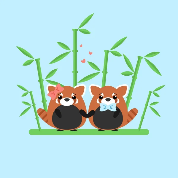 Vector illustration of red panda couple in love with ornate bamboo isolated on blue background. Romantic design elements and heart symbols with animals in flat style for Valentine day — Stock Vector