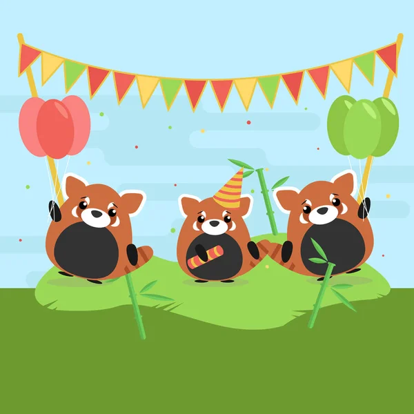 Illustrazione cartone animato di tre simpatici panda rossi con palloncini e falgs su erba verde. Design piatto per bambini — Vettoriale Stock