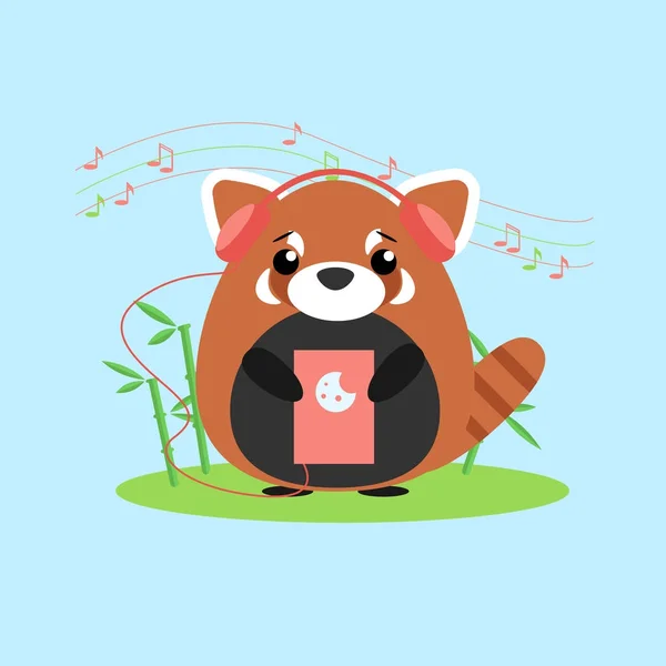 Aygıttan müzik dinleyen antropomorfik red panda vektör Illustration. Sevimli çizgi anime tarzında — Stok Vektör