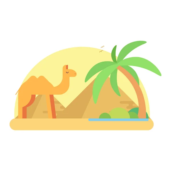 Un chameau se dresse près d'une oasis sur le fond des pyramides d'une géza. Illustration plate — Image vectorielle