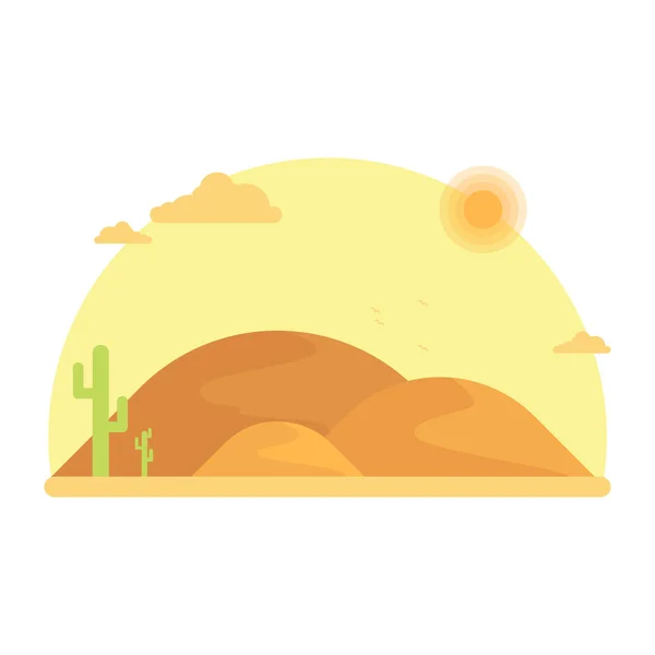 선인장 언덕 사이에서 성장 한다. 밝은 태양 아래 뜨거운 사막입니다. 평면 디자인 일러스트 레이 션 — 스톡 벡터