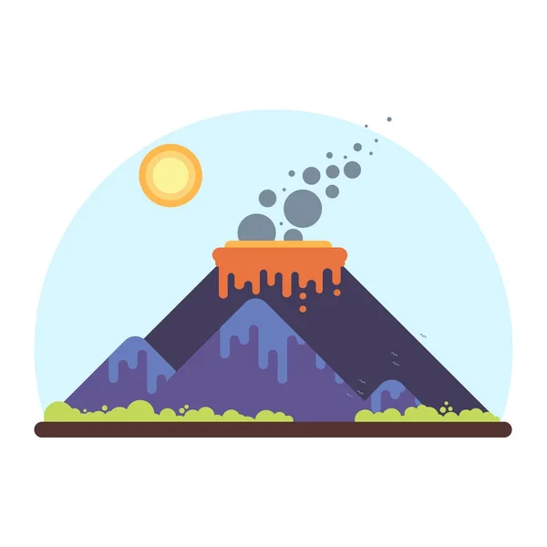 Vulcão com magma, lava e fumo. Paisagens montanhos.Ilustração vetorial plana — Vetor de Stock