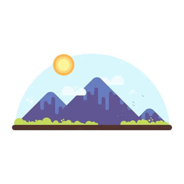 Chaîne de montagnes avec verdure, soleil, nuages et oiseaux. Illustration simple et plate — Image vectorielle