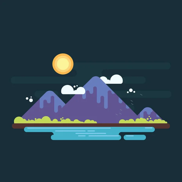 Gama de montanhas com verdes no horizonte e lago em primeiro plano. Ilustração de design plano simples — Vetor de Stock