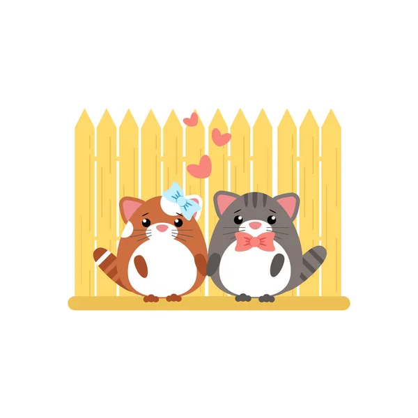 Vektorillustration av gray katt par i kärlek på staket bakgrund. Romantiska designelement och hjärtat symboler med djur i platt stil för alla hjärtans dag — Stock vektor