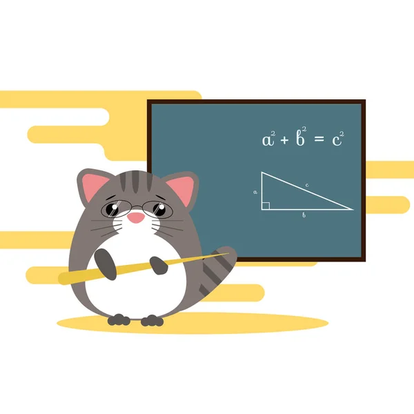 Antropomorfische grijze kat - leraar permanent met bestuur en onderwijs van de stelling van de geometrie. Schattig vectorillustratie — Stockvector