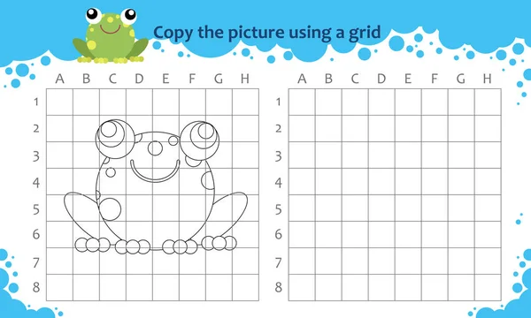 Copiez l'image à l'aide d'une grille. Jeu éducatif pour les enfants. Comment dessiner grenouille dessin animé mignon — Image vectorielle