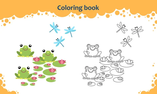 Livre à colorier pour les enfants. Couleur des grenouilles de dessin animé avec lis et libellule . Illustrations De Stock Libres De Droits
