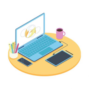 Tasarımcı çalışma alanı ile bilgisayar ve grafik tablet izometrik kavramı. Vektör çizim.