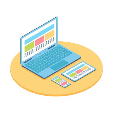 Bilgisayar, telefon ve tablet izometrik düz Illustration. Gösteri duyarlı web tasarımı için