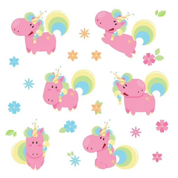 Ilustración vectorial de lindos unicornios rosados en diferentes poses — Vector de stock
