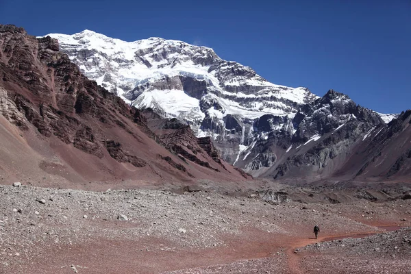 Climber on a majestic background of Aconcagua Mountain in the An — Stock Photo, Image