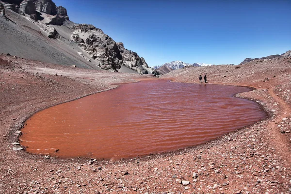 Red lake in mountains