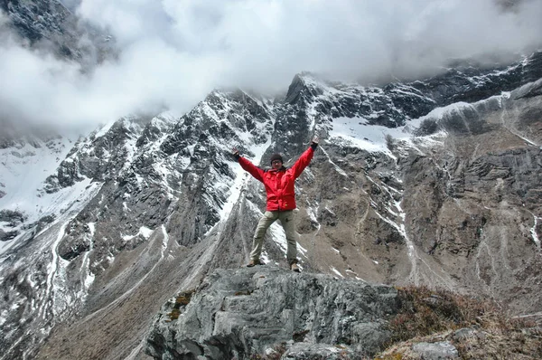 Man in the background of the Nepal mountains Stock Photo