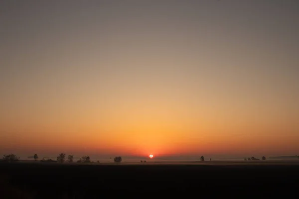 Napkelte a láthatáron. Napkelte a mező felett. Köd a föld felett. — Stock Fotó