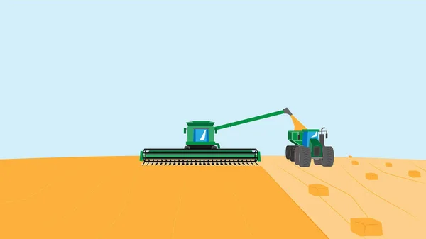Vektorillustration der Landwirtschaft mit einem Mähdrescher auf dem Feld. Erntezeit. Getreideernte. — Stockvektor
