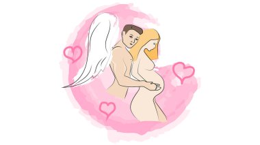 Koca göbekli hamile bir kız. Çıplak kız. Koruyucu melek, hamile anneyi korur..