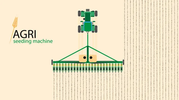 Vektorillustration - Imitation von Aufnahmen aus einer Drohne. Ein Traktor mit Sevalka fährt über das Feld. — Stockvektor