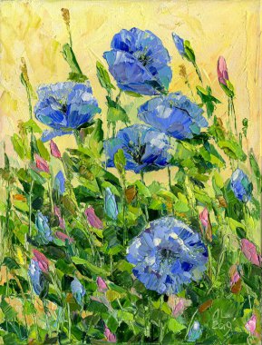 Mavi gelincikler, yağlı boya tabloları. Meconopsis grandis