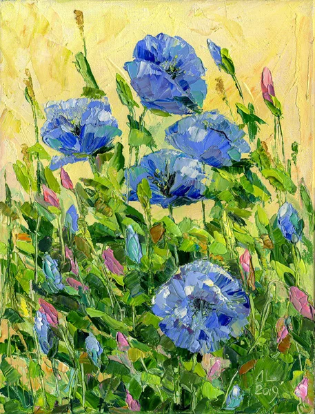 Blue Poppies Pintura Óleo Sobre Tela Meconopsis Grandis — Fotografia de Stock