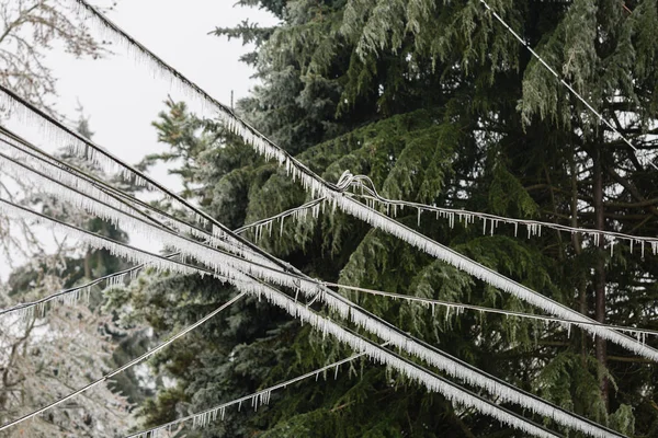 Fili elettrici sopraelevati che cadono sotto uno spesso strato di ghiaccio con ghiaccioli appesi a sinistra da una grande tempesta invernale nel nord-ovest . — Foto Stock