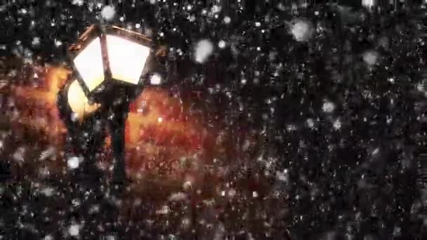 Natt vinter gatlykta med fallande snö — Stockvideo